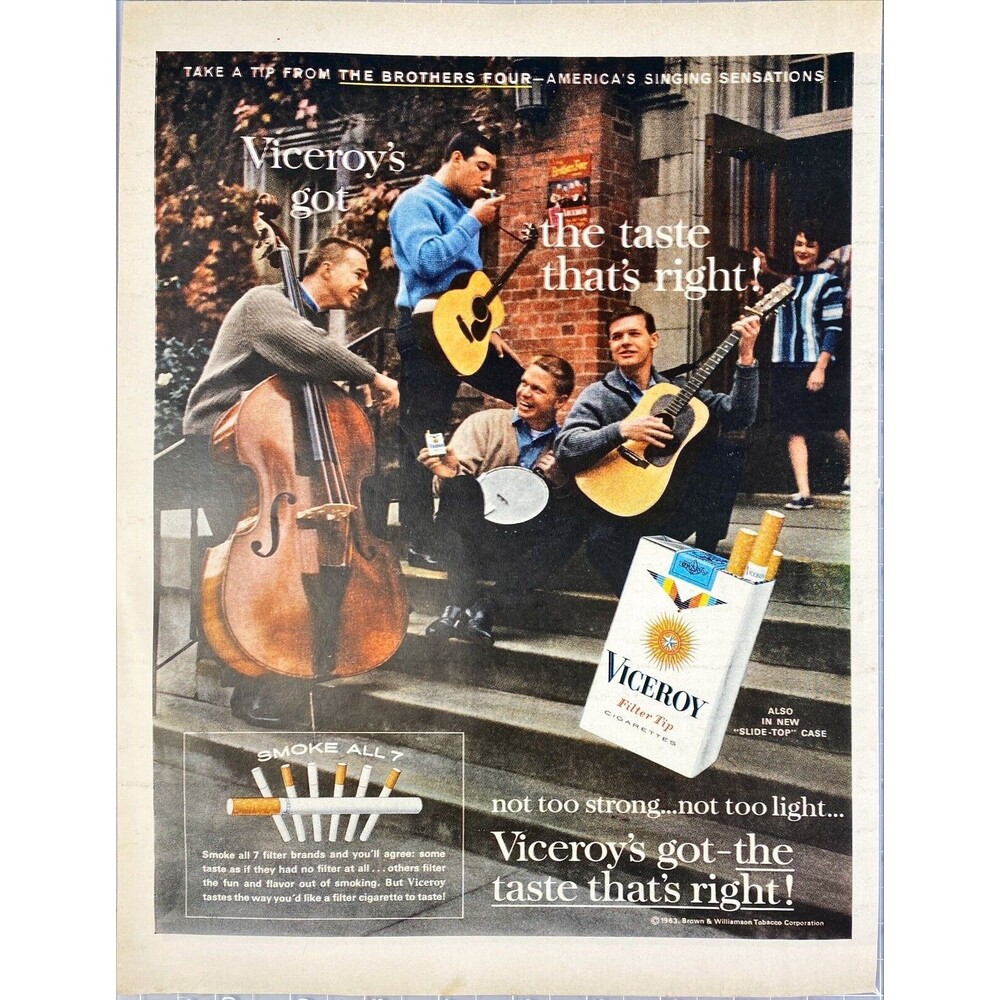 Viceroy Cigarettes "The Brothers Four" Vintage Print Ad 1963